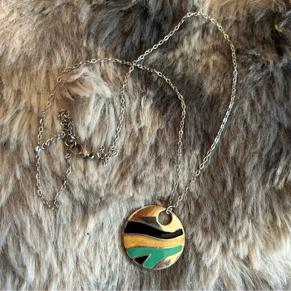 Handcrafted repurpose enamel swirl vintage pendant on chain necklace